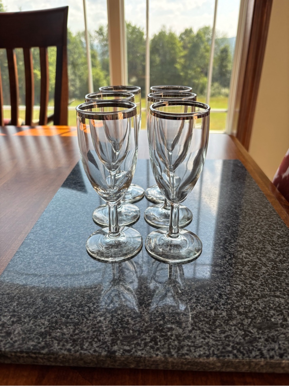 Silver-Rimmed Clear Glass Goblets - Set of 6